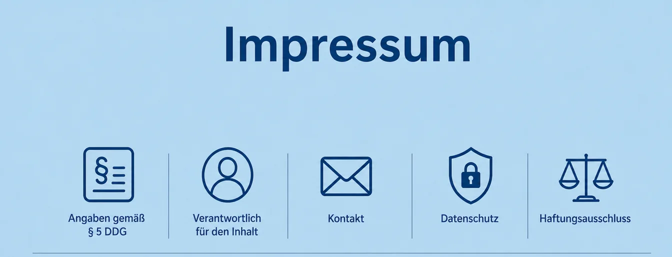 Fünf Symbole mit den Beschriftungen: Angaben gemäß § 5 DDG, Verantwortlich für den Inhalt, Kontakt, Datenschutz, Haftungsausschluss